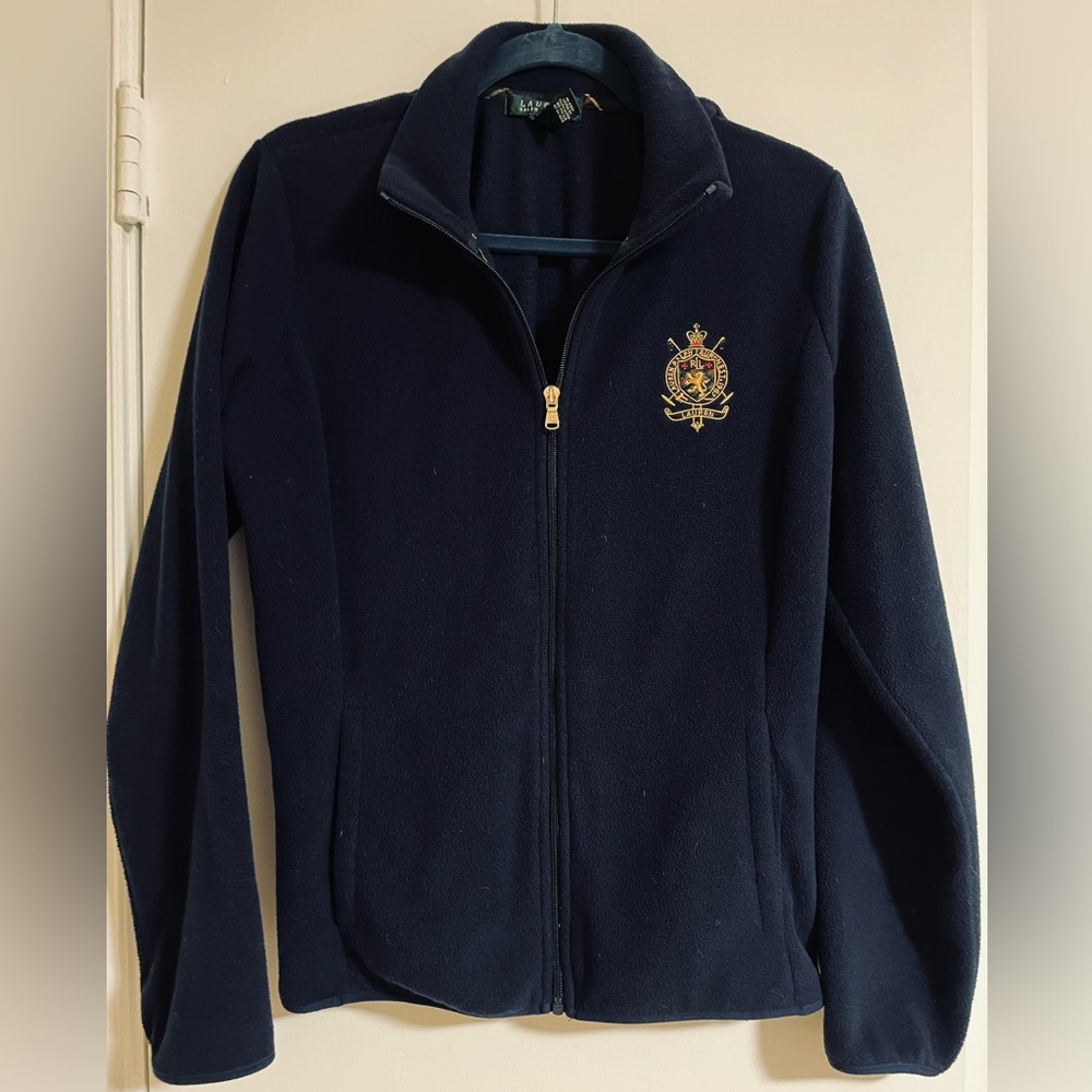 “Lauren” by Ralph Lauren Navy Fleece with Gold Crest - Women’s L